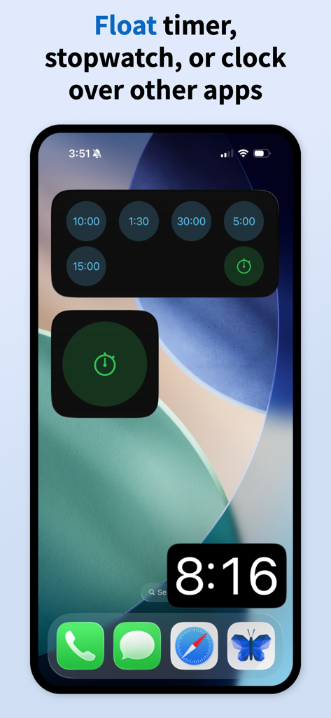 iPhone home screen displaying a floating digital clock and various timer widgets