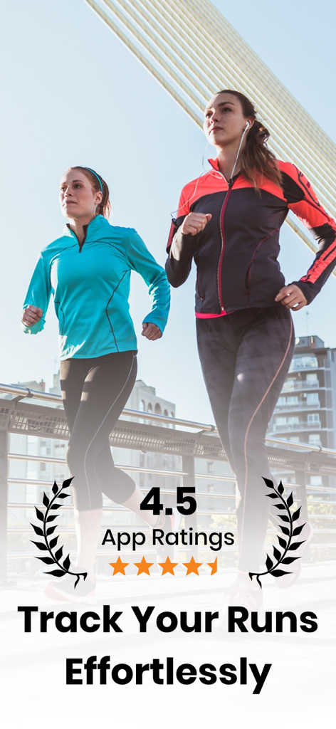 Running Workout Step Tracker - Two women running outdoors with a 4.5 star app rating and text saying Track Your Runs Effortlessly