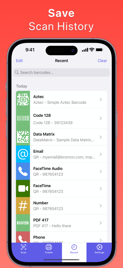 QR Barcode Generator Scanner - The scan history interface of the QR Barcode Generator Scanner app showing a chronological list of scanned codes and contact shortcuts.