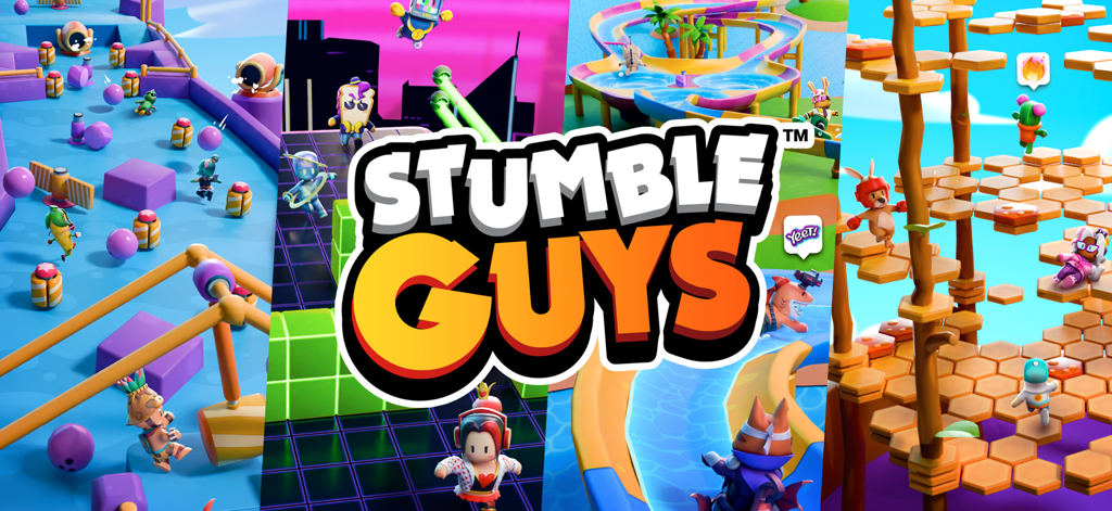 A vibrant collage of various obstacle courses and customized characters from the Stumble Guys game