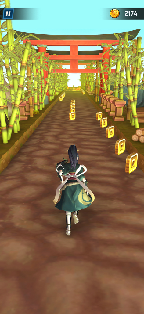 Ninja Games - Stickman Games - Personaje ninja femenino corriendo por un bosque de bambú recolectando monedas de oro.