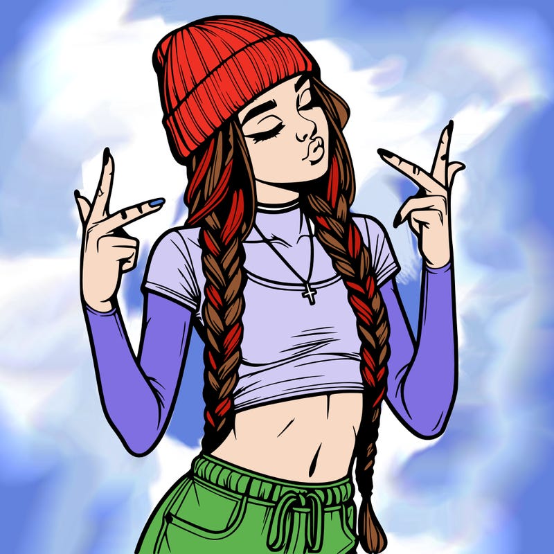 realistic teenage girl with braids and a beanie and crop top doing 🫶🏼