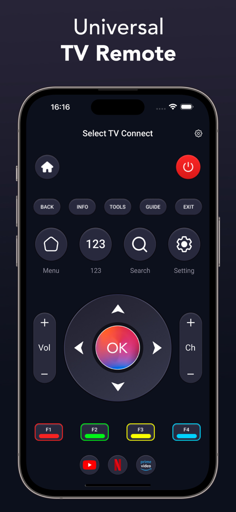 TV Remote: Universal Control S - Universal TV remote app interface on iPhone with navigation and volume controls