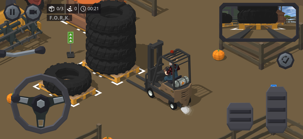 Forklift Extreme Simulator 2 - Un carrello elevatore che raccoglie una pila di grandi pneumatici su un pallet nel gameplay di Forklift Extreme Simulator 2.