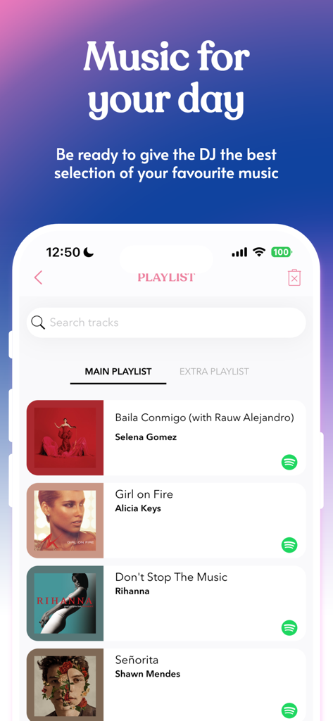 Quincy - Quinceanera Planner - Music playlist screen for organizing songs for a Quinceanera DJ in the Quincy app