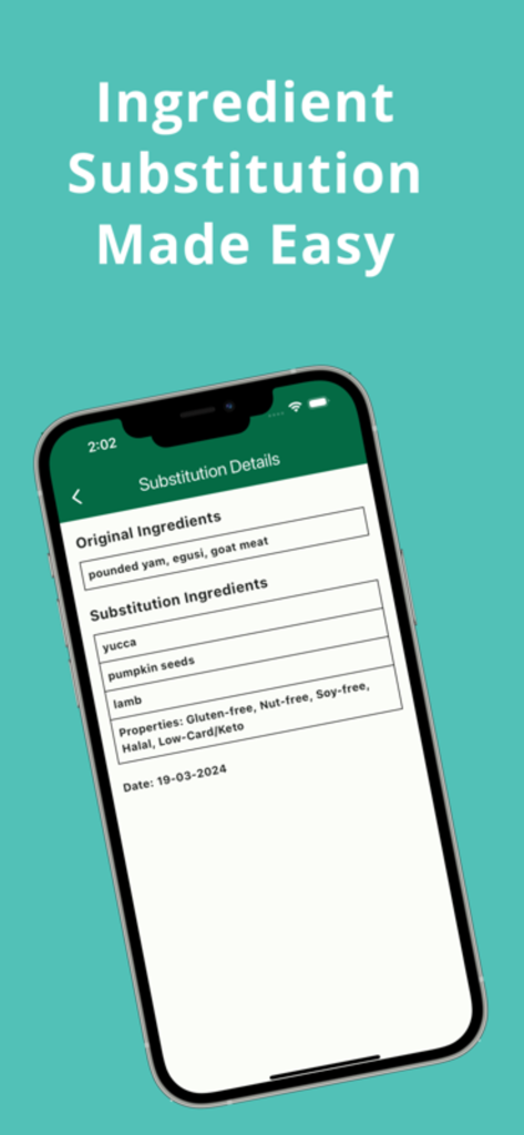 Interfaz de la aplicación Chef IA que muestra opciones de sustitución de ingredientes para dietas sin gluten y ceto
