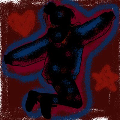 realistic girl jumping with a bun and oversized sweatshirt