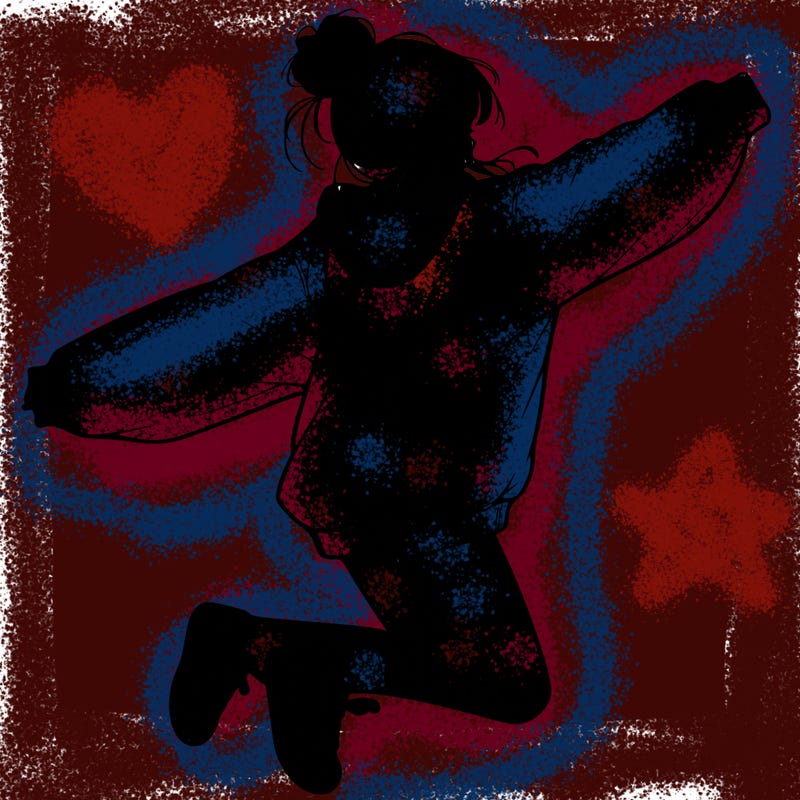 realistic girl jumping with a bun and oversized sweatshirt