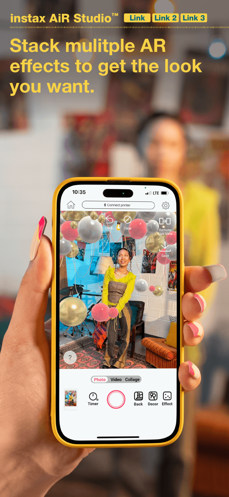 Smartphone screen displaying the instax mini Link app with AR balloon effects over a photo.