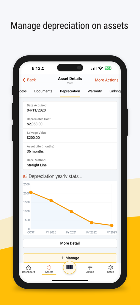 Asset Tiger app interface displaying asset depreciation details and a yearly financial trend graph.