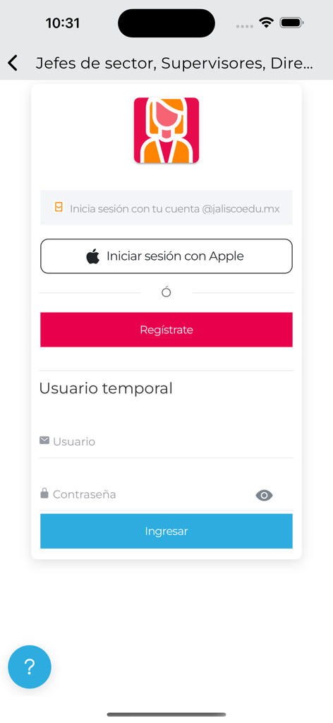 Mobile login screen for APPrende Jalisco with options for official account, Apple ID, and temporary user sign in
