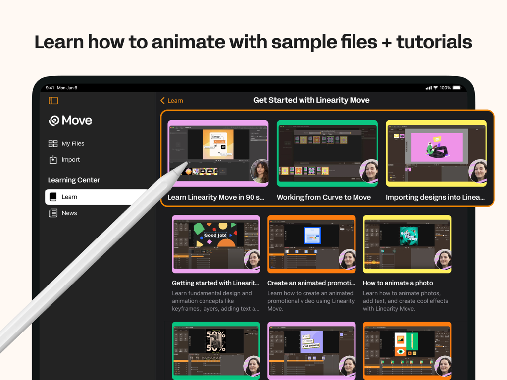 Linearity Move Motion Graphics - An iPad screen displaying the Linearity Move learning center with various video tutorials for animation