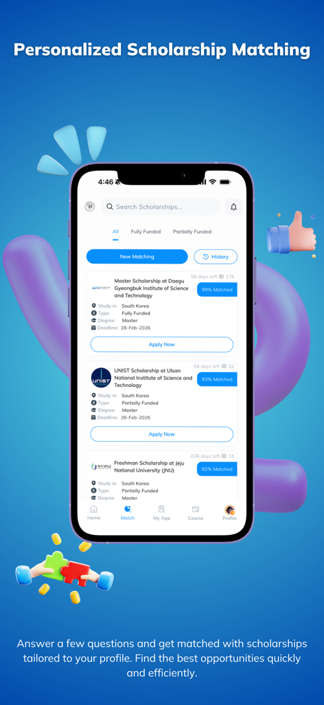 Scholarar - Scholarship App - Scholarar app screen showing personalized scholarship matches for students with AI-powered percentage scores