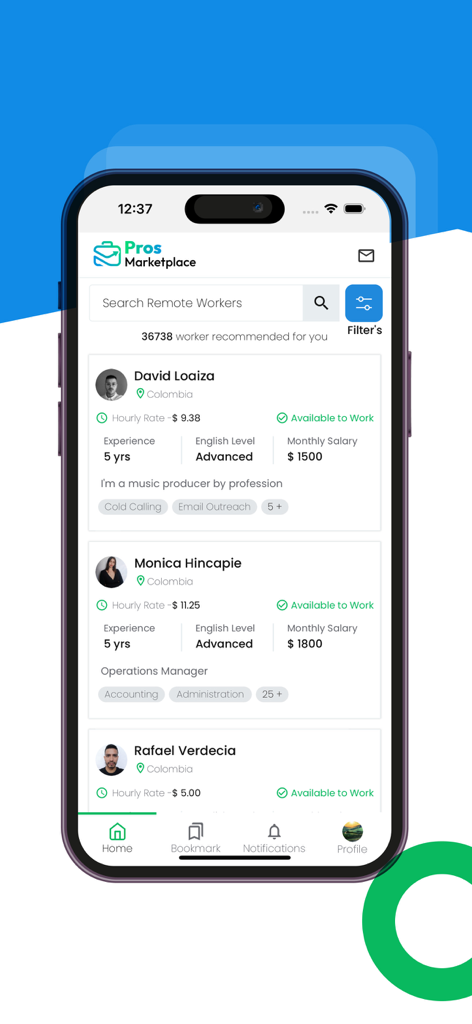 Pros Marketplace - Interfaz de la aplicación Pros Marketplace que muestra una lista de perfiles de trabajadores remotos de Colombia con tarifas por hora y etiquetas de habilidades.
