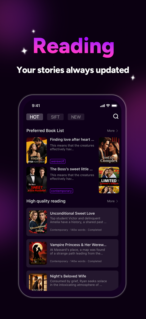 Mumu: Premium Novels & Stories - Mumu app screen showing a curated list of premium romance and supernatural stories