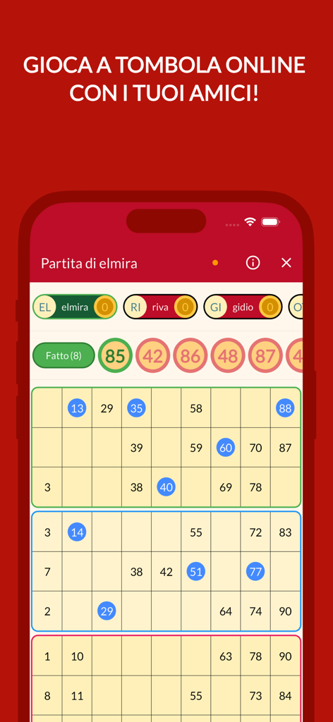 Pantalla móvil mostrando una partida multijugador de Tombola con cartones de bingo digitales y números extraídos.