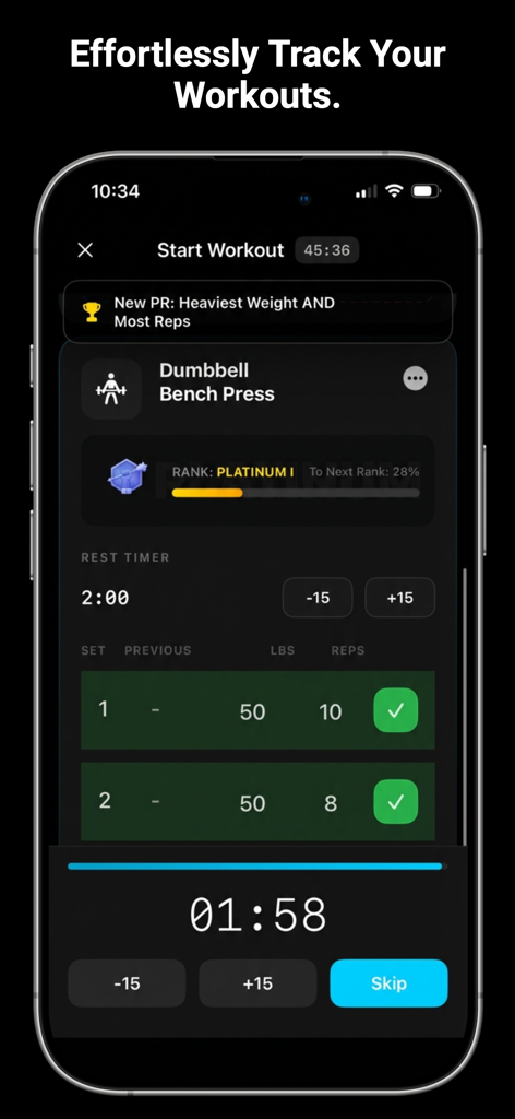 Ascend Fitness-Calories/Gym - Interface of the Ascend Fitness app showing a dumbbell bench press workout with sets and a rest timer