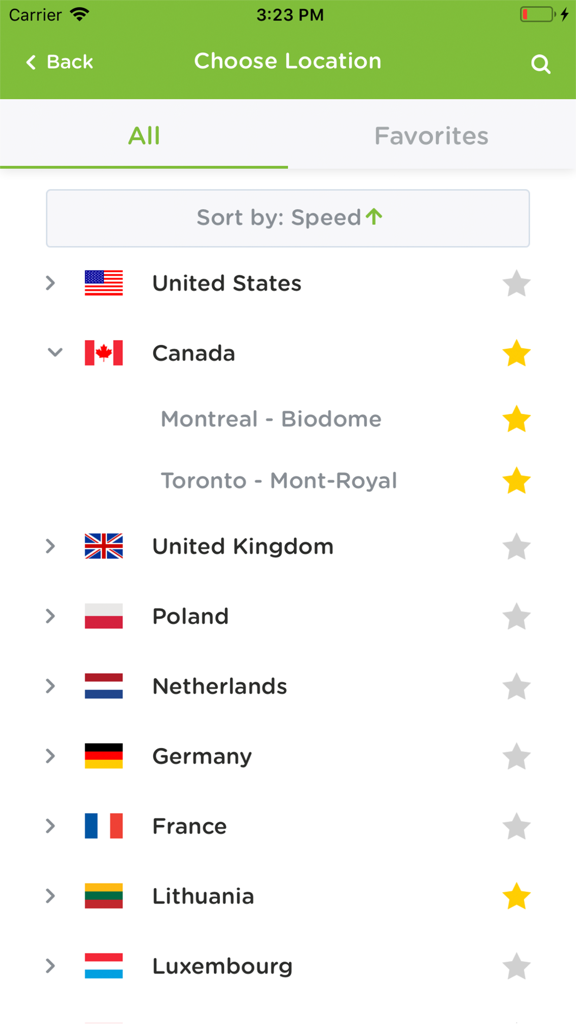 HideIPVPN app screen showing a list of VPN server locations including United States Canada and United Kingdom