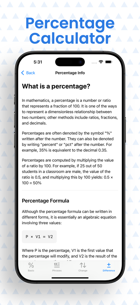 A mobile screen from the Percentage Calculator app explaining the mathematical definition and formula of percentages