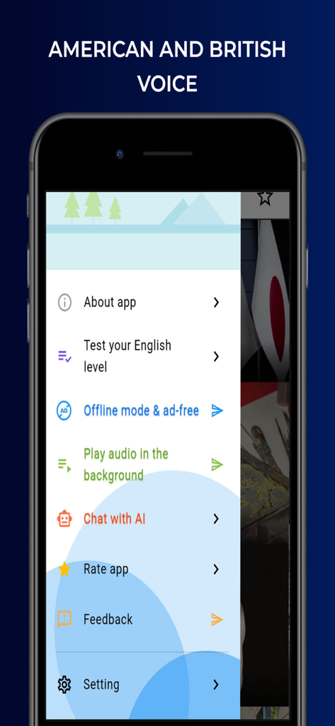 English News in Levels - Menu screen of English News in Levels app showing features like level testing and AI chat