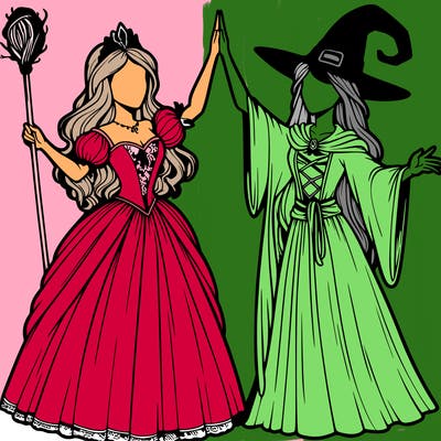 detailed realistic split of a princess and a witch