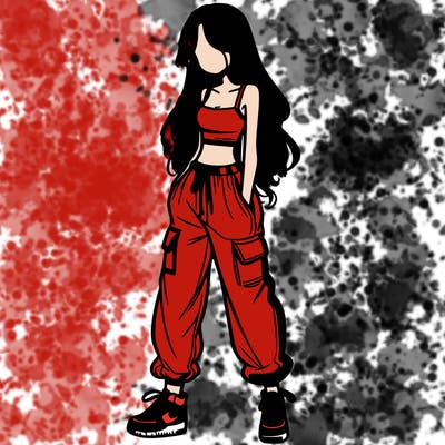 girl in baggy pants crop top and long hair