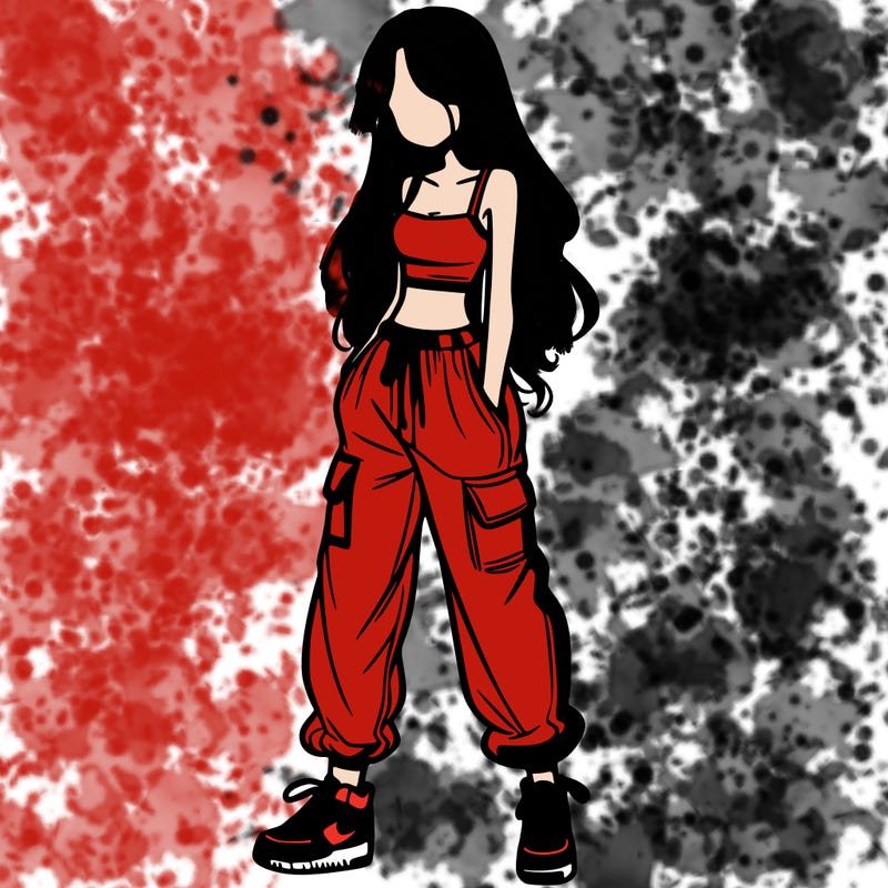 girl in baggy pants crop top and long hair