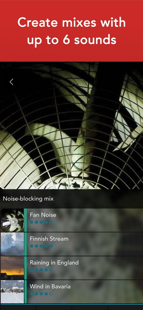 White Noise HQ: sound machine - White Noise HQ app interface showing a custom sound mix feature with layers like fan noise and rain