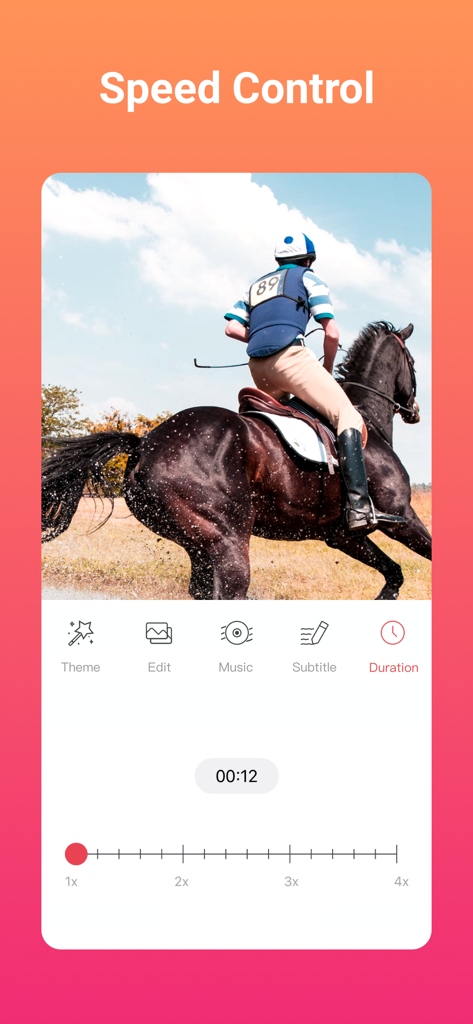 Interface de l'application SlidePlus montrant les outils de réglage de la vitesse vidéo et les paramètres de durée avec un clip vidéo d'équitation
