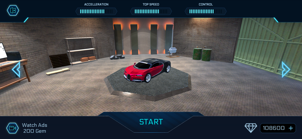 Bugatti Parking - Bugatti Chiron rossa su un piedistallo nel garage di selezione dell'auto del gioco mobile Bugatti Parking.