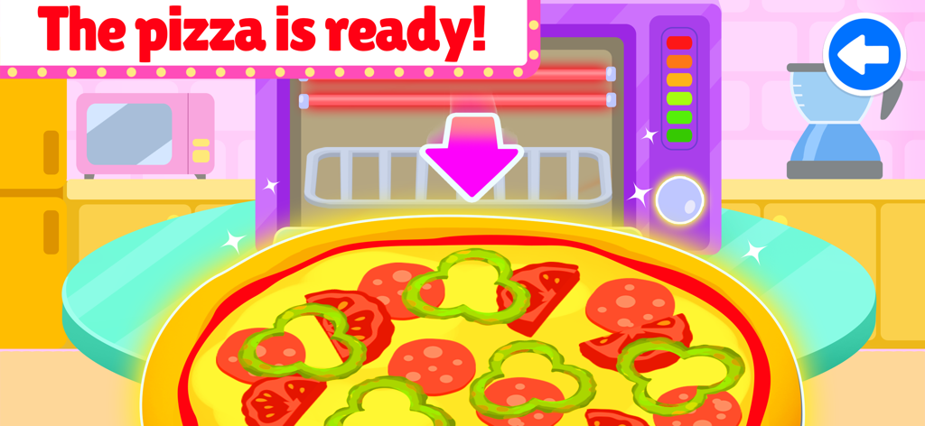 Restaurant Cooking food games - Una pizza colorata di cartone animato con peperoni verdi e pomodori in un gioco di ristorante per bambini