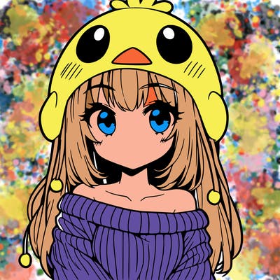 anime girl with chick shaped hat with sweater with bare shoulders with bangs covering them one eye with low tail