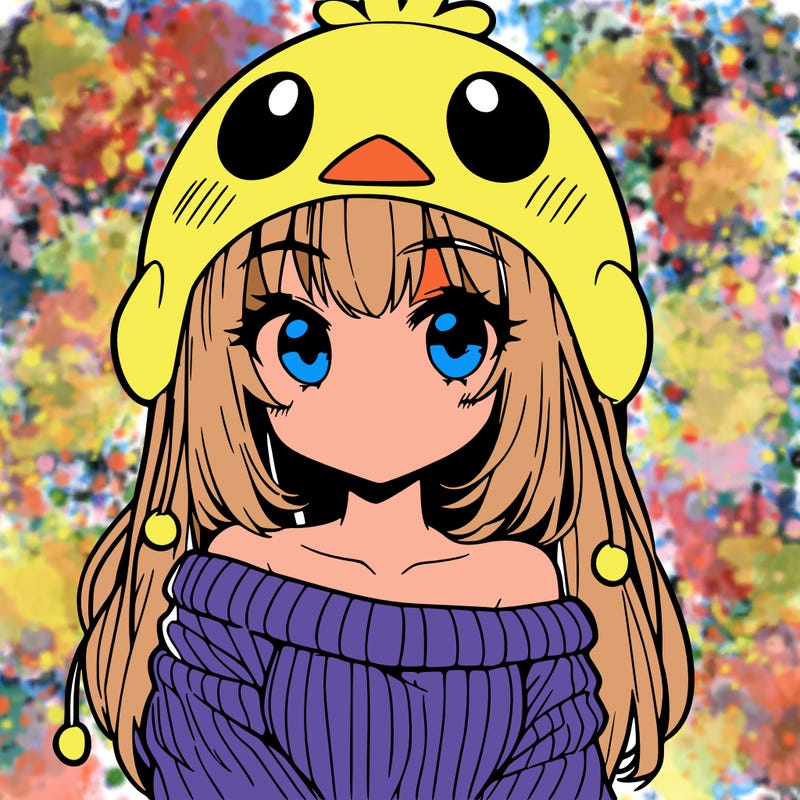 anime girl with chick shaped hat with sweater with bare shoulders with bangs covering them one eye with low tail