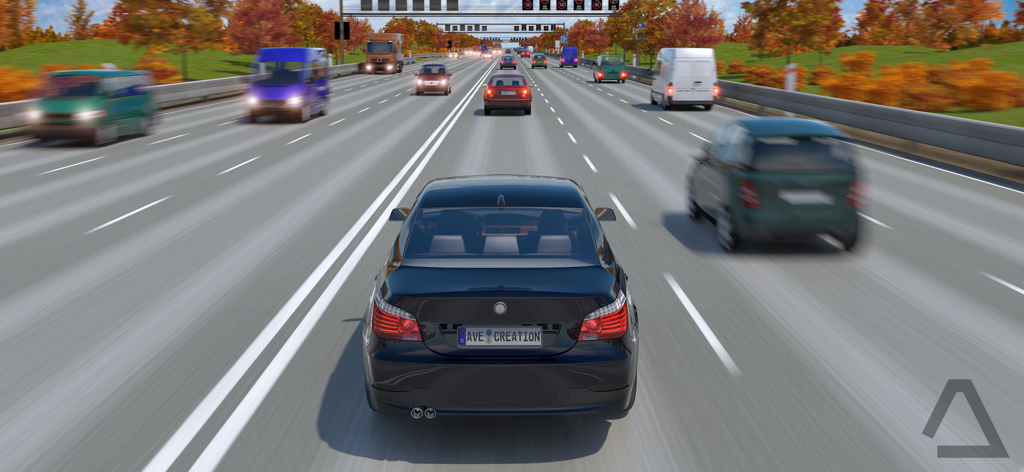 German Road Racer - Cars Game - Dritte Person Ansicht einer schwarzen Limousine, die im Herbst auf einer deutschen Autobahn durch den Verkehr fährt