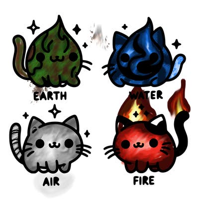 4 cats that represent the different elements, earth, water, air, and fire