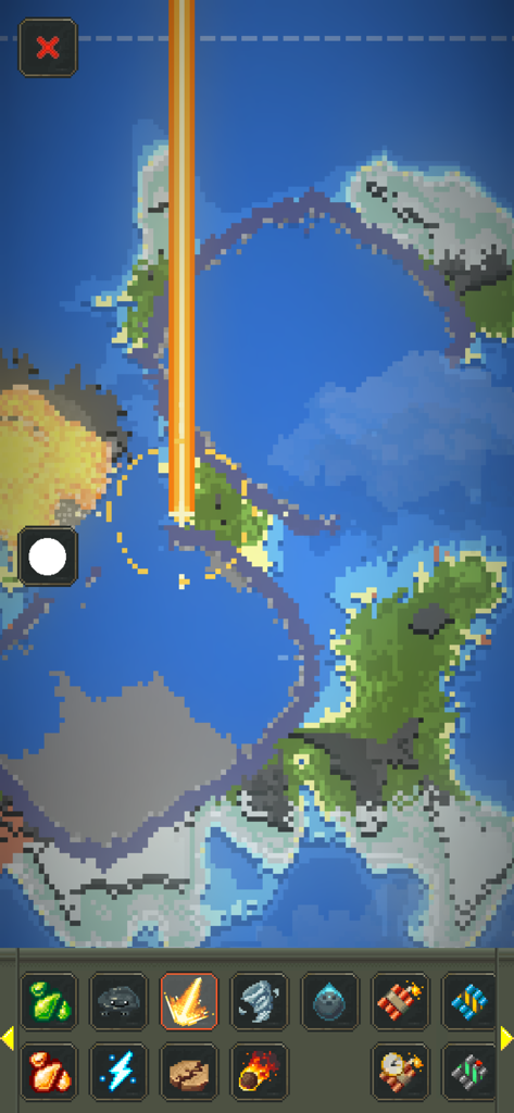 WorldBox - God Sandbox - 신의 샌드박스 메뉴에서 열선 파워의 공격을 받는 월드박스의 픽셀 아트 세계 지도.