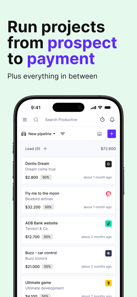 Productive.io mobile app interface showing a sales pipeline with project leads and budget values