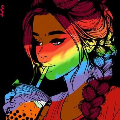 realistic girl drinking boba tea with braided hair