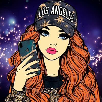 realistic beautiful girl wearing los ángeles cap holding an iphone