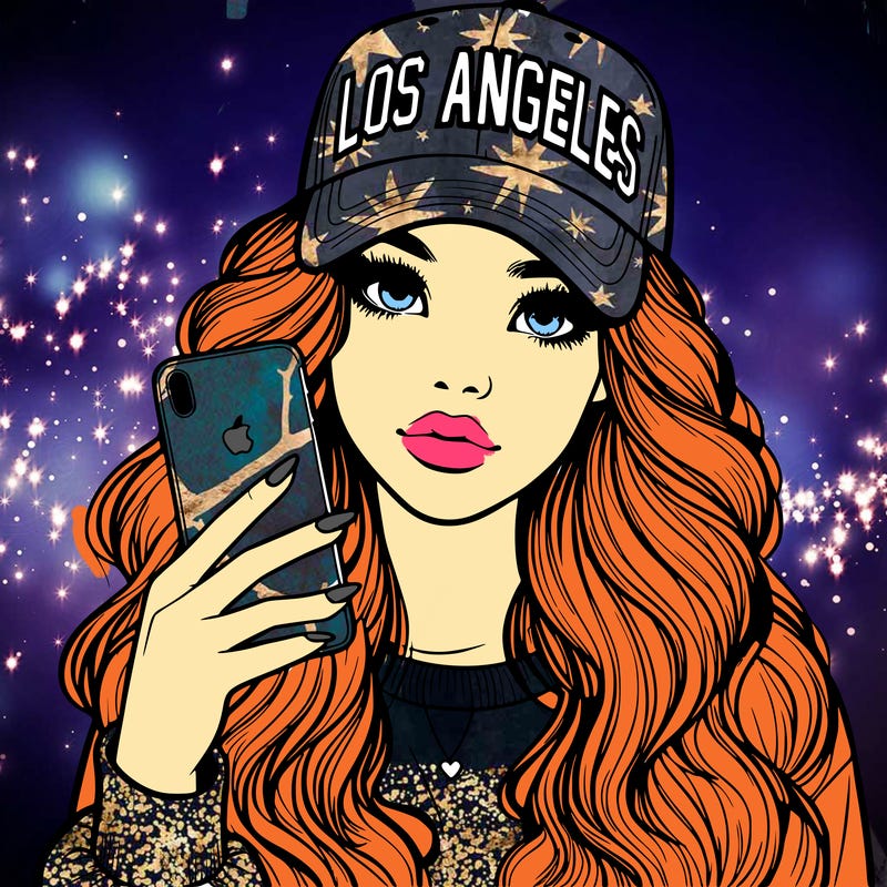 realistic beautiful girl wearing los ángeles cap holding an iphone