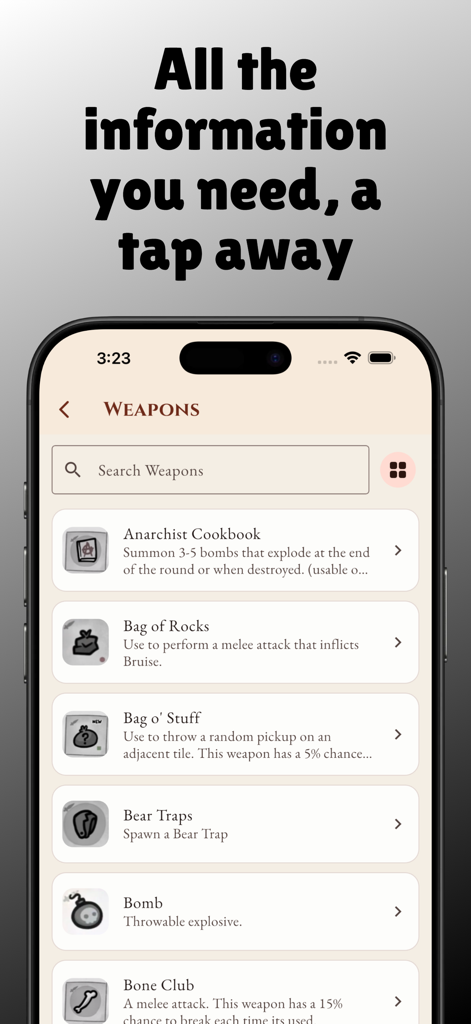 Guide for Mewgenics - 아이콘과 설명이 있는 검색 가능한 무기 목록을 보여주는 뮤제닉스 가이드 앱의 모바일 화면