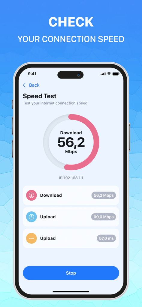 Opti Cleaner & Optimizer - Interface of Opti Cleaner showing internet speed test results including download and upload speeds