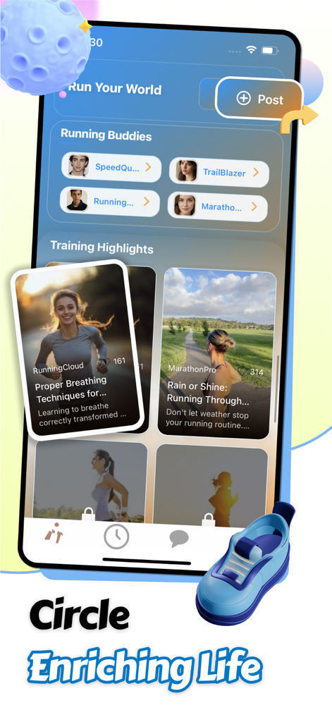Kelia - Kelia app social interface showing running buddies profiles and training highlight posts