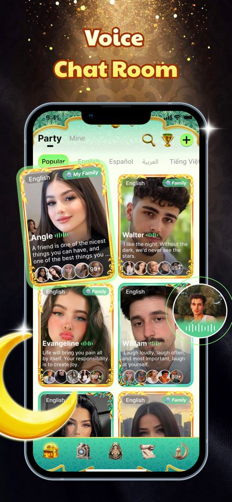 Soulsky - Discover the fun - ボイスアクティビティインジケーター付きのボイスチャットルームのさまざまなユーザープロファイルを示すSoulskyアプリのインターフェース。