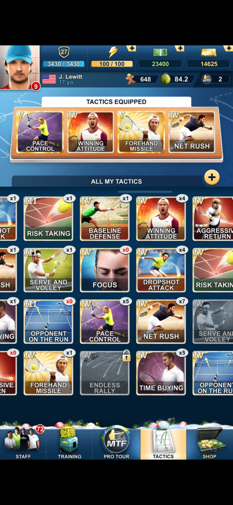 Tennis Manager 2025 - TOP SEED - Tactics selection menu showing strategy cards in Tennis Manager 2025
