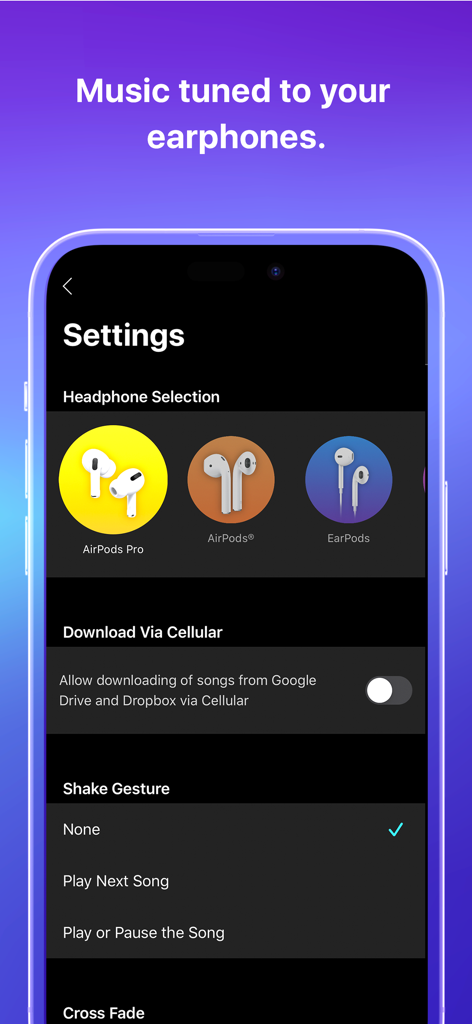 Boom app settings screen showing headphone selection options for AirPods Pro and EarPods