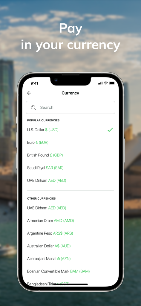 WINGIE - Book Cheap Flights - Wingieアプリのスクリーンショット。米ドル、ユーロ、英国ポンドを含む支払い通貨を選択するメニューを表示しています。