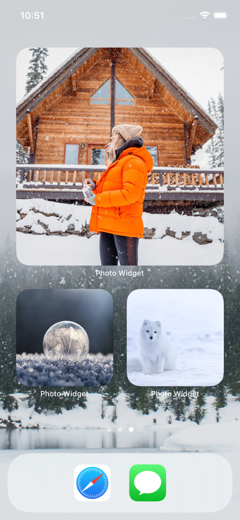 Photo Widget Easy - Aesthetic iOS home screen displaying custom photo widgets with winter-themed images