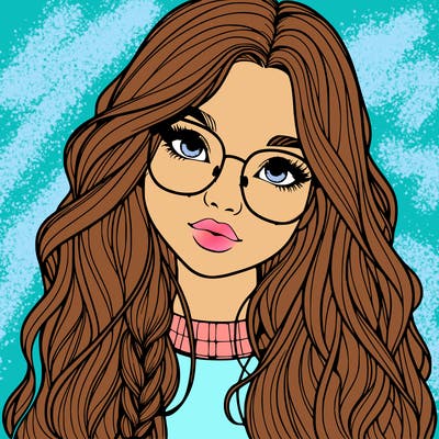 girl with long hair and freckles and glasses realistic