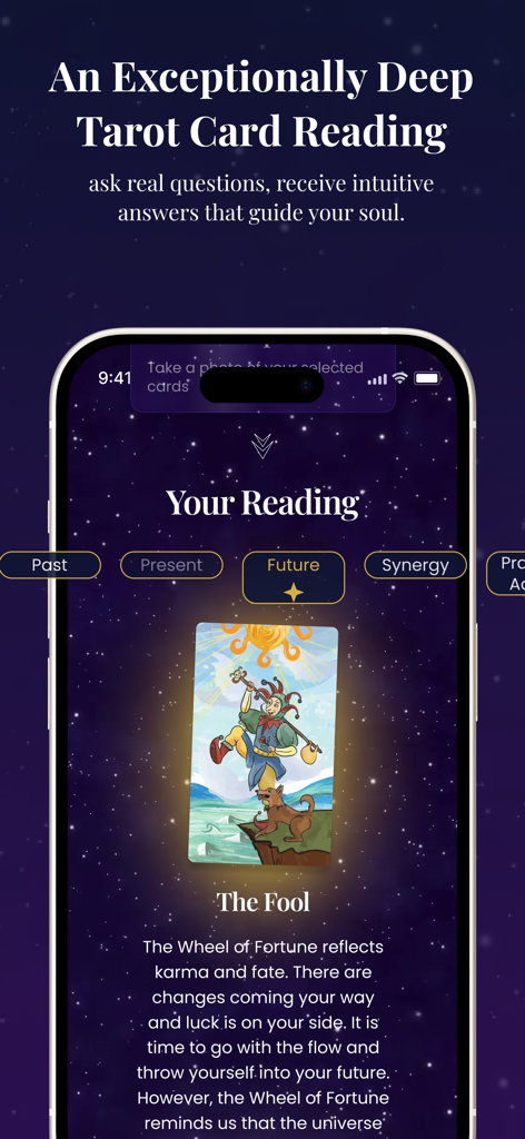 Tarotoo mobile app interface showing a tarot card reading for the future featuring The Fool card.